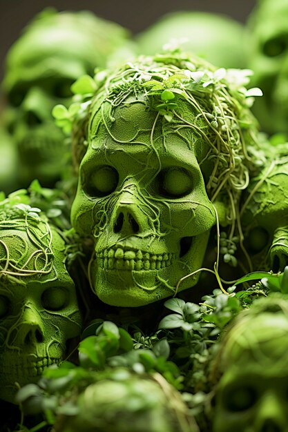 View of skeleton skulls with vegetation