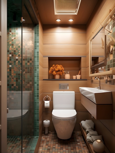 Foto gratuita vista dell'interno del piccolo bagno con mobili e decorazioni in stile moderno