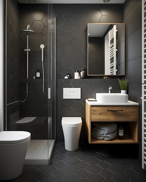 Foto gratuita vista dell'interno del piccolo bagno con mobili e decorazioni in stile moderno