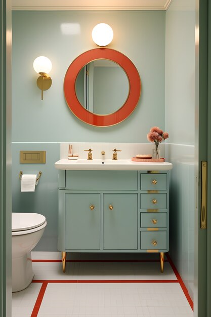 Вид на небольшую ванную комнату с декором и мебелью в современном стиле
