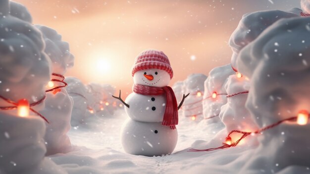 View of snowman with winter landscape and snow