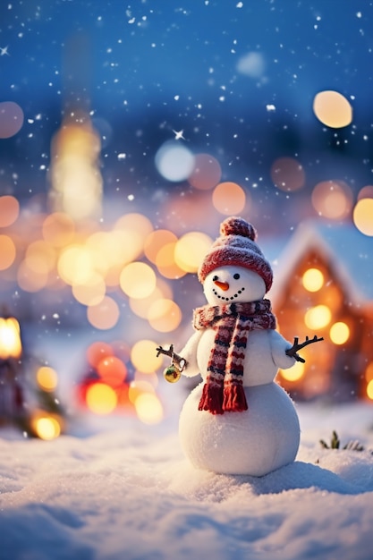 View of snowman with winter landscape and snow