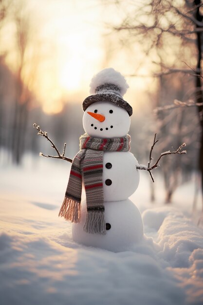 View of snowman with winter landscape and snow