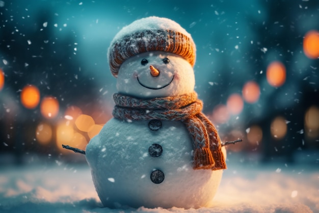 View of snowman with winter landscape and snow