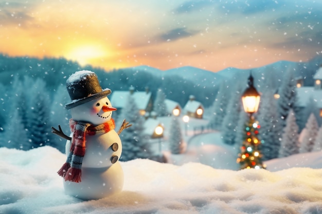 View of snowman with winter landscape and snow