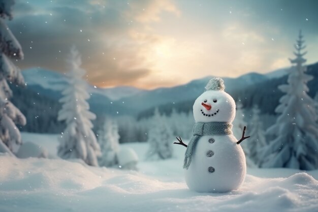 View of snowman with winter landscape and snow