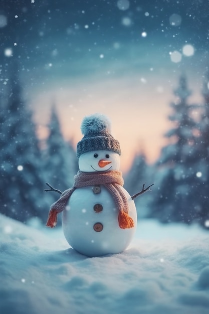 View of snowman with winter landscape and snow