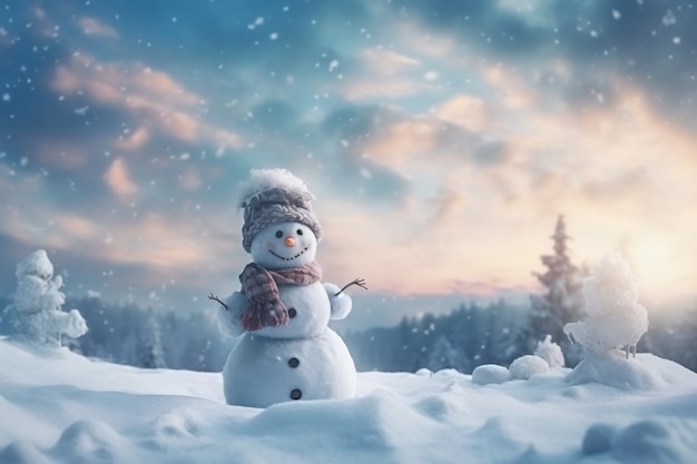 View of snowman with winter landscape and snow