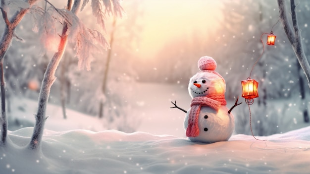 Free photo view of snowman with winter landscape and snow