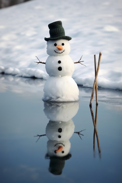 Free photo view of snowman with winter landscape and snow