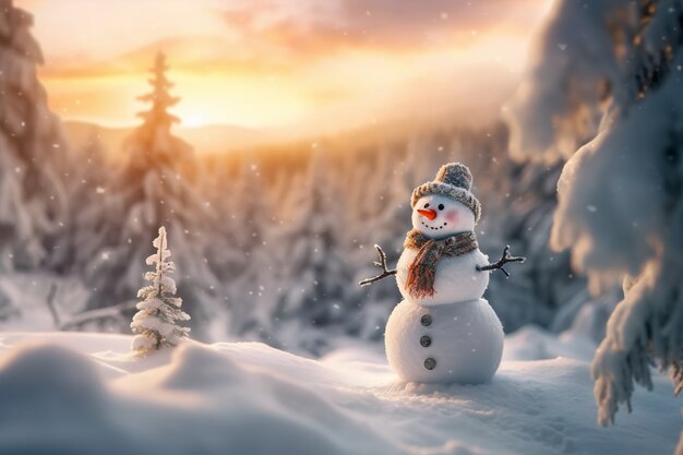 View of snowman with winter landscape and snow