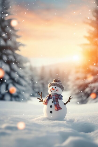冬の風景と雪を描いたスノーマン