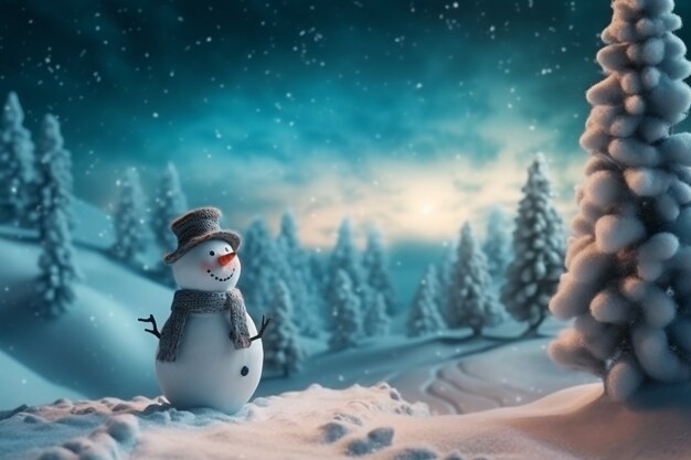 View of snowman with winter landscape and snow