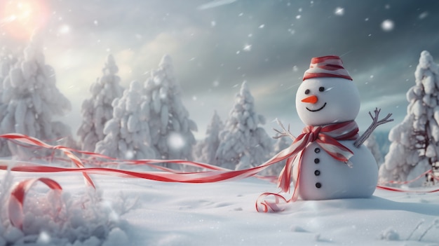 Free photo view of snowman with winter landscape and snow