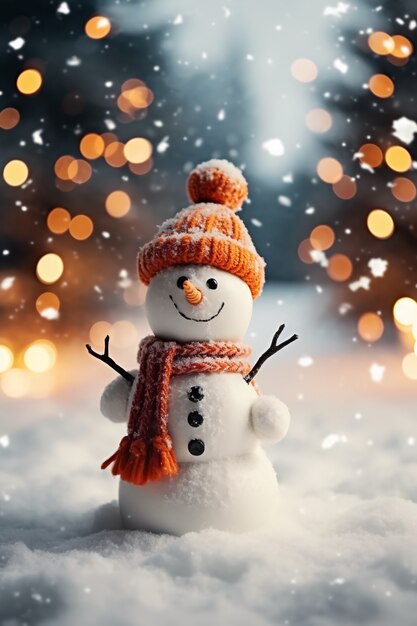 View of snowman with winter landscape and snow