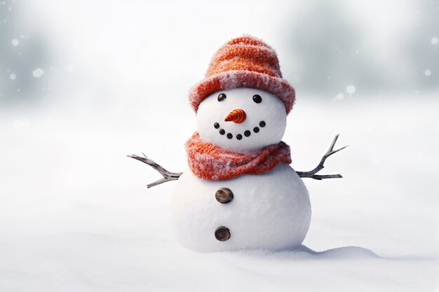 View of snowman with winter landscape and snow