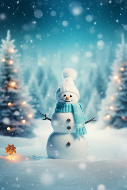 View of snowman with winter landscape and snow