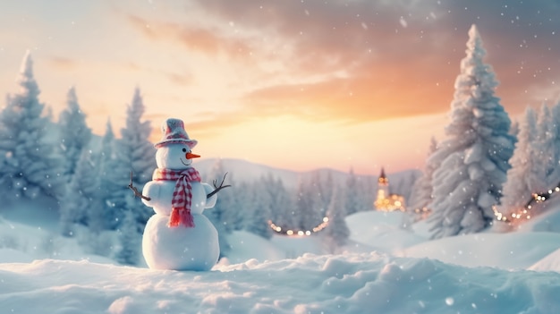 Free photo view of snowman with winter landscape and snow