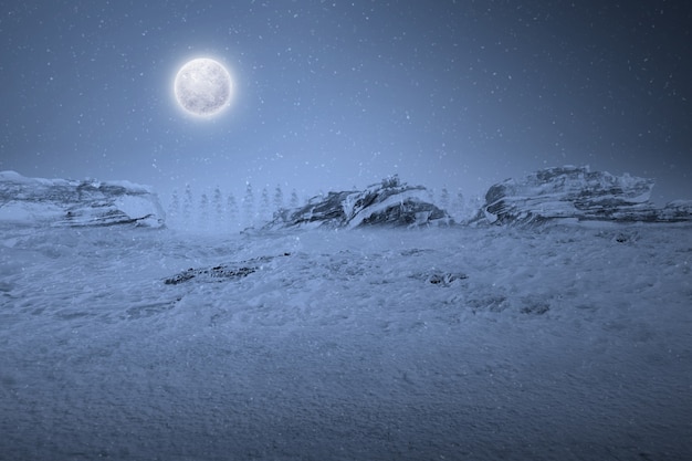 View of a snowy hill with snowfall and full moon at night