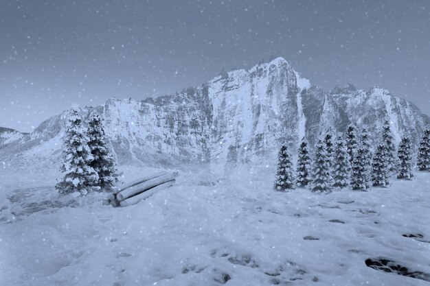 View of a snowy mountain and fir trees with snowfall background