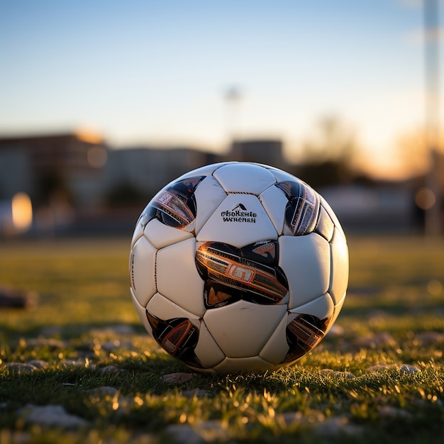 芝生のフィールド上のサッカー ボールの眺め