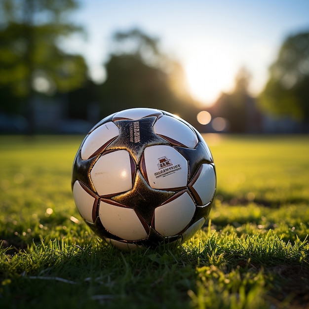 芝生のフィールド上のサッカー ボールの眺め