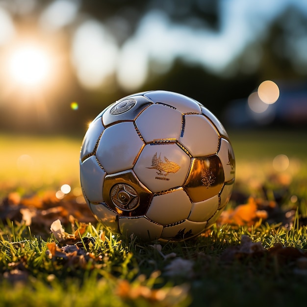 芝生のフィールド上のサッカー ボールの眺め