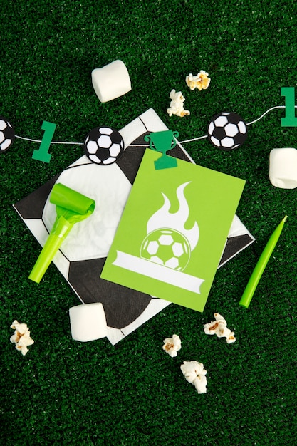 Free photo above view soccer birthday items assortment