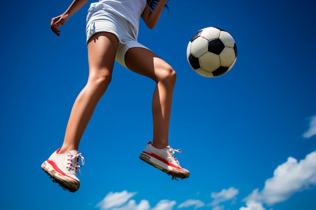 Free photo view of soccer player jumping in the air with ball