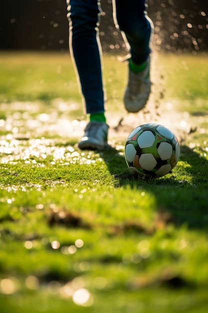 Free photo view of soccer player with ball on the field grass