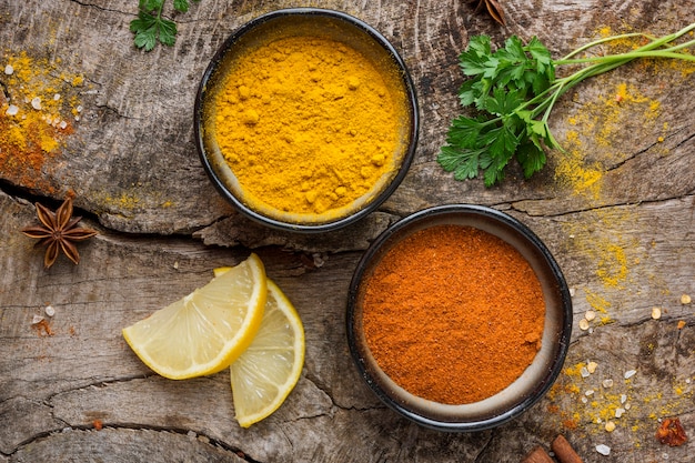 Above view spices and lemon slices