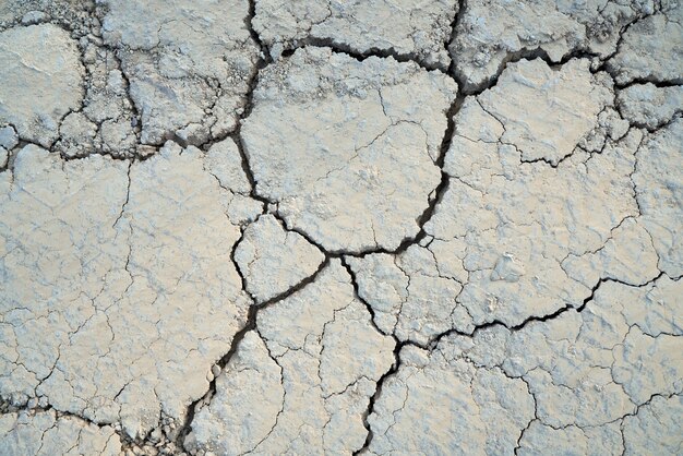 Above view of split soil in large parts. Concept of drought cracked texture.