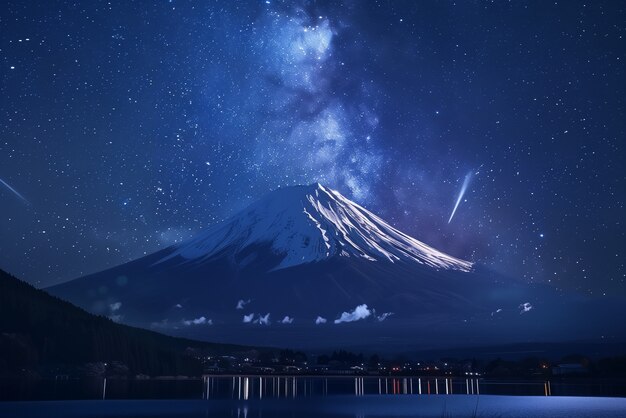 view of starry night sky with nature and mountains landscape