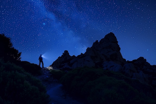 Free photo view of starry night sky with nature and mountains landscape
