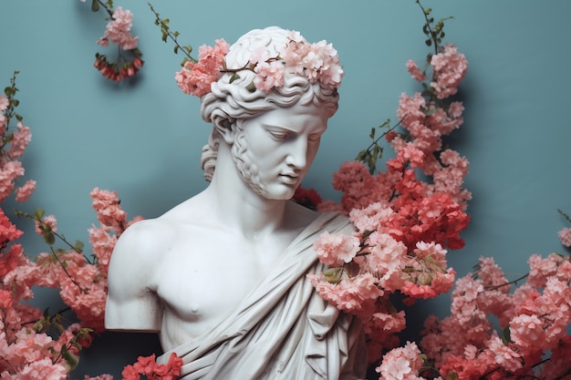 Foto gratuita vista di una statua con fiori primaverili in fiore