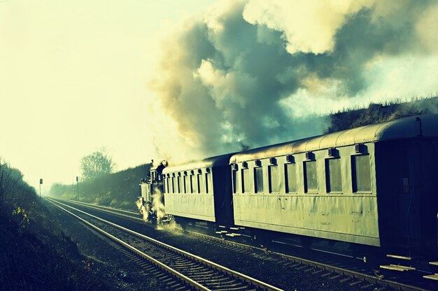 "View of steam train on railroad"