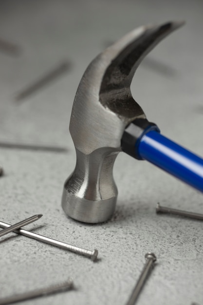 view of steel hammer for construction work with nails