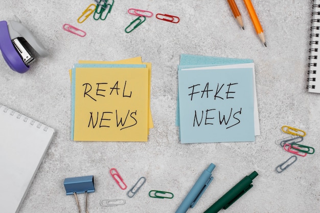 Foto gratuita sopra la vista ferma il concetto di fake news con i post-it