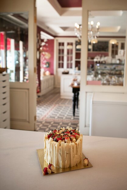 View of strawberry cake in a bakery shop