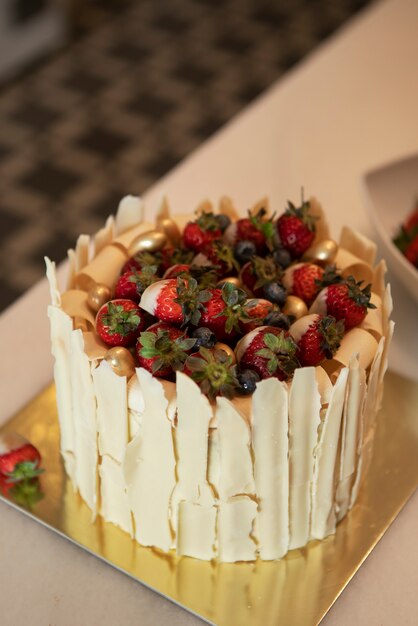 View of strawberry cake in a bakery shop