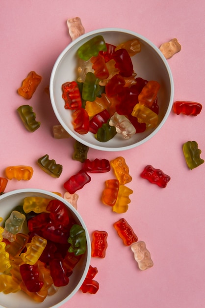 View of sweet gummy bears with bowl