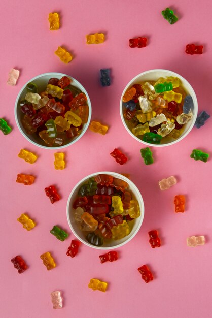 View of sweet gummy bears with bowl