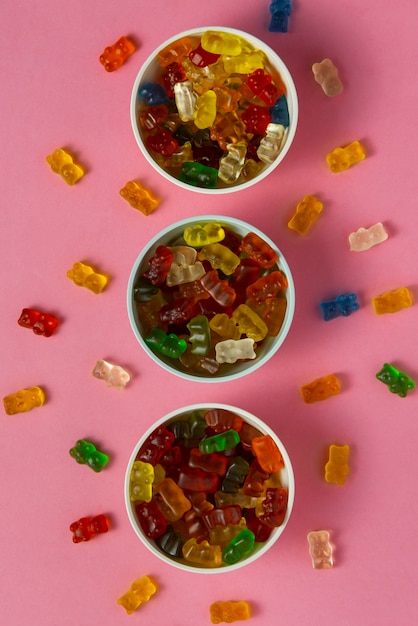 View of sweet gummy bears with bowl