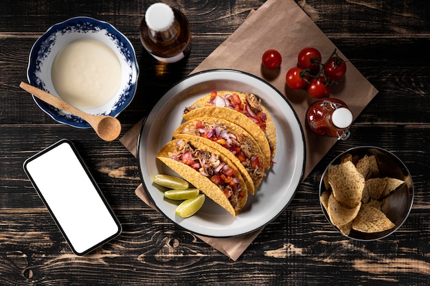 Above view tacos with vegetables and meat