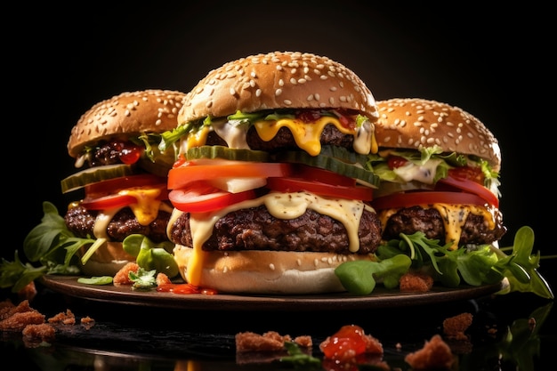 Vista di un gustoso hamburger con formaggio e carne