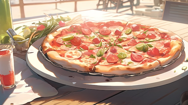 View of tasty pizza in anime style