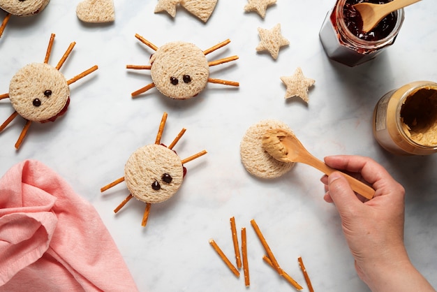 Above view tasty spider cookies