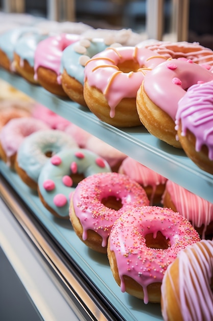 Foto gratuita la vista delle gustose ciambelle con la glassa dolce