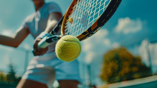 Vista di una racchetta da tennis che colpisce la palla