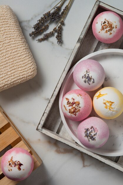 Above view therapeutic  bath bombs still life